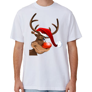 100% Cotton Christmas T-shirt Adult Unisex Tee Tops Funny Santa Party Costume, Reindeer Wink